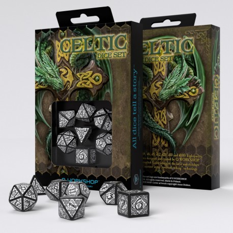 Buy Q Workshop: Celtic 3D Revised Black & White Dice Set (7) only at Bored Game Company.