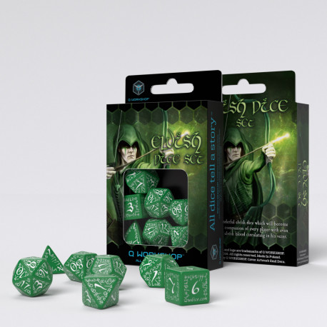 Buy Q Workshop: Elvish Green & White Dice Set (7) only at Bored Game Company.
