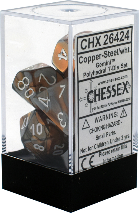 Buy Chessex - Gemini - Poly Set (x7) - Copper-Steel/White only at Bored Game Company.