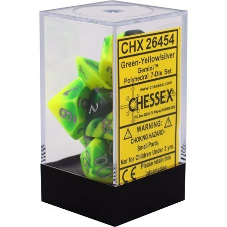 Buy Chessex - Gemini - Poly Set (x7) - Green-Yellow/Silver only at Bored Game Company.