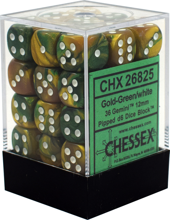 Buy Chessex - Gemini - 12mm D6 (x36) - Gold-Green/White only at Bored Game Company.