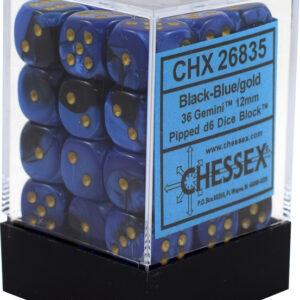 Buy Chessex - Gemini - 12mm D6 (x36) - Black-Blue/Gold only at Bored Game Company.