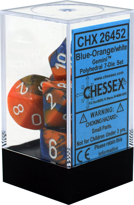 Buy Chessex - Gemini - Poly Set (x7) - Blue-Orange w/White only at Bored Game Company.