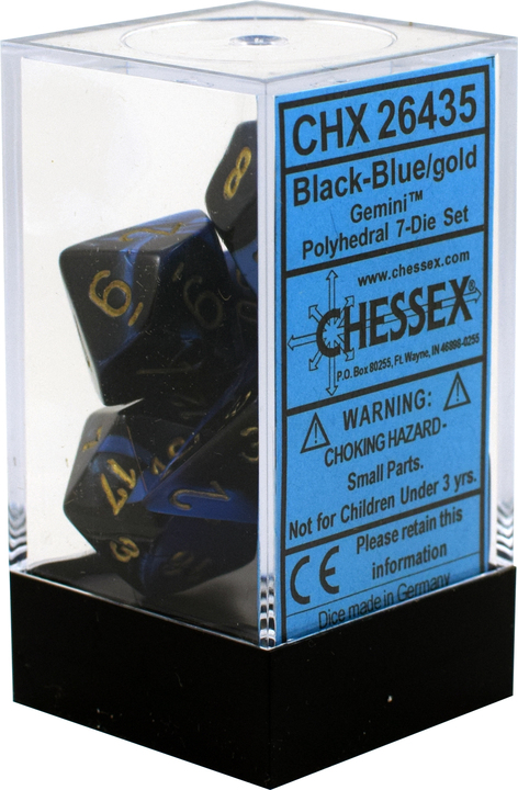 Buy Chessex - Gemini - Poly Set (x7) - Black-Blue/Gold only at Bored Game Company.