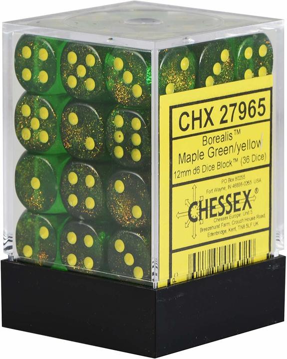 Buy Chessex - Borealis - 12mm D6 (x36) - Maple Green/Yellow only at Bored Game Company.