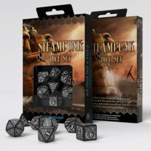 Buy Q Workshop: Steampunk Black & White Dice Set (7) only at Bored Game Company.