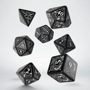 Buy Q Workshop: Steampunk Black & White Dice Set (7) only at Bored Game Company.