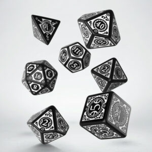 Buy Q Workshop: Steampunk Clockwork Black & White Dice Set (7) only at Bored Game Company.