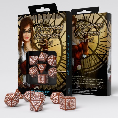 Buy Q Workshop: Steampunk Clockwork Caramel & White Dice Set (7) only at Bored Game Company.